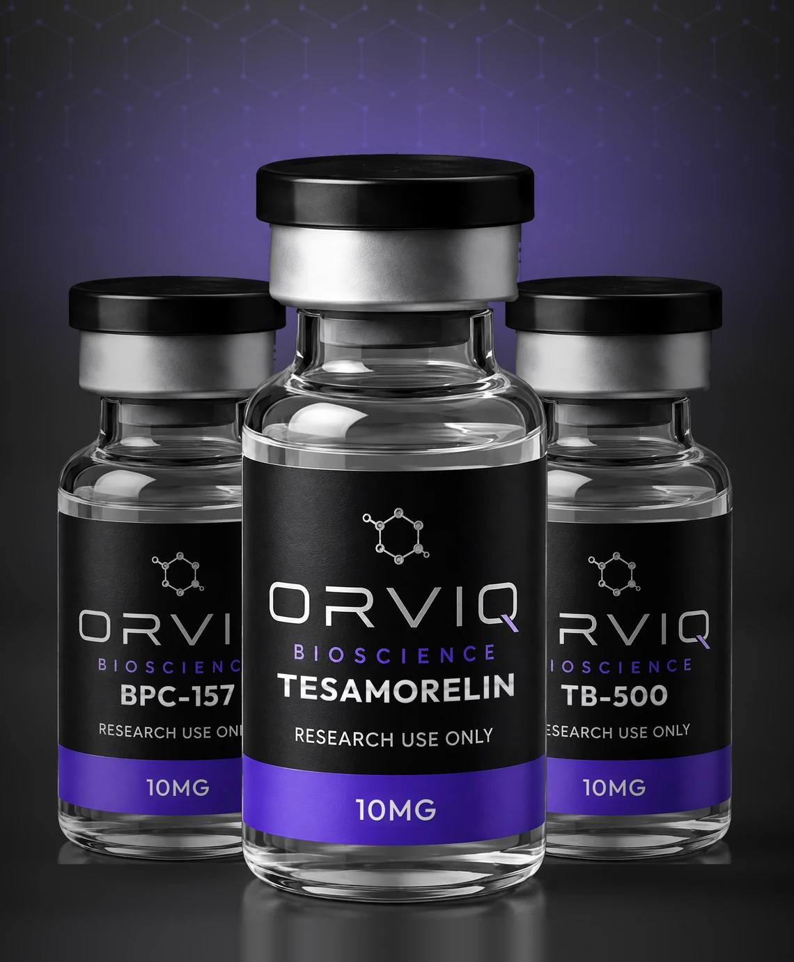 Orviq Bioscience clear-glass research vials — Tesamorelin, BPC-157, TB-500